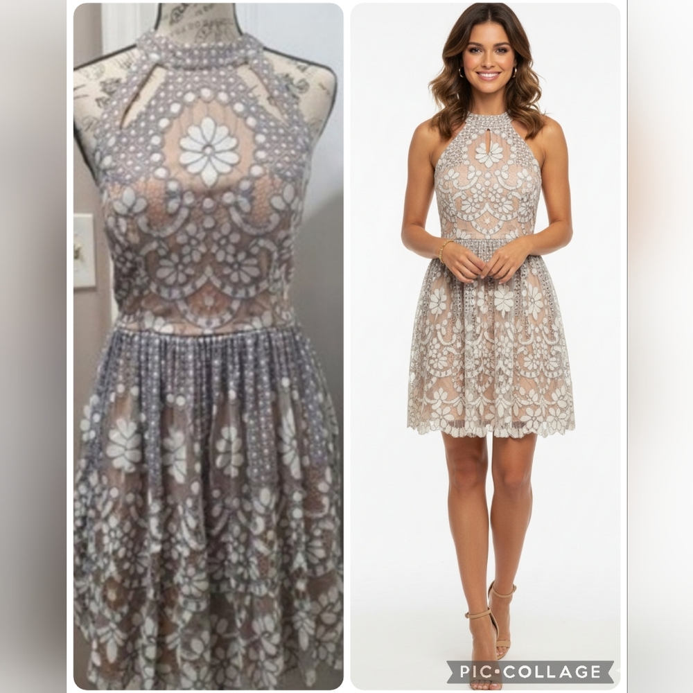 Jodi Kristopher Women's  Elegant Floral Lace Halter Dres Jrs 7